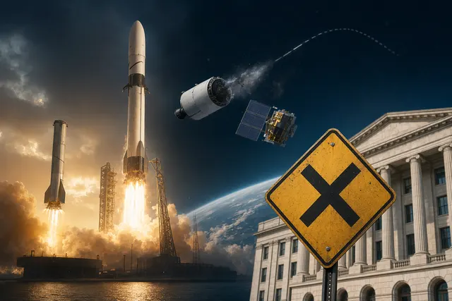 Illustration of Blue Origin’s New Glenn rocket launch and booster landing after the April 2026 mission