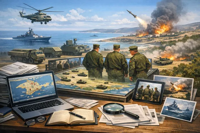 An AI-generated editorial image representing the Russian command-staff exercise in Crimea, showing military maps and command center visuals with a tense atmosphere.