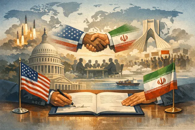 US President Donald Trump and Iranian President Masoud Pezeshkian sign the 14-point Islamabad Memorandum of Understanding remotely, with Pakistani Prime Minister Shehbaz Sharif med