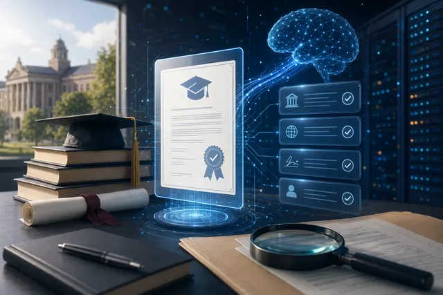 Illustration of AI checking academic certificates and education records