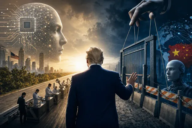 Editorial illustration representing the debate over AI development, safety rules and U.S.-China competition
