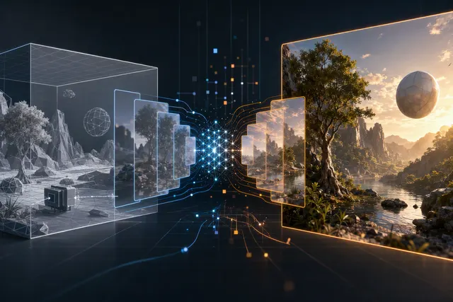 Conceptual illustration of proxy game footage being transformed into detailed generative video