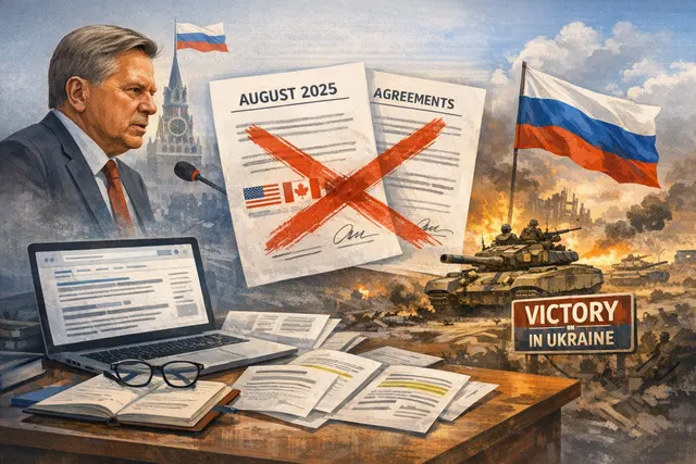 Conceptual illustration of Kremlin aide Yuri Ushakov speaking, with a timeline of Russia's shifting rhetoric on the Anchorage agreements fading from a 'guiding star' to 'victory'.