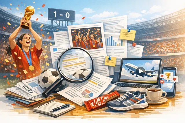Spain celebrates winning the 2026 FIFA World Cup final against Argentina on the pitch at MetLife Stadium, with Adidas and Nike brand imagery overlaid.
