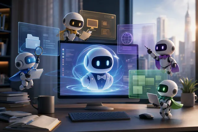 Illustration of an AI assistant coordinating PC, file, browser and software tasks on a desktop