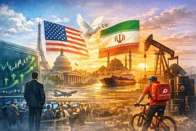 European stock market screens and oil price charts reflecting volatility amid U.S.-Iran peace negotiations in May 2026