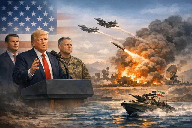 U.S. and Iranian military forces in tense standoff over the Strait of Hormuz, with warships and drones in the background, a burning vessel in the foreground, and a fractured ceasef