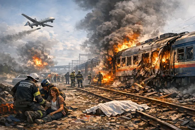 A Ukrainian drone strike on a Moscow-Simferopol passenger train in occupied Crimea, halting all rail traffic.