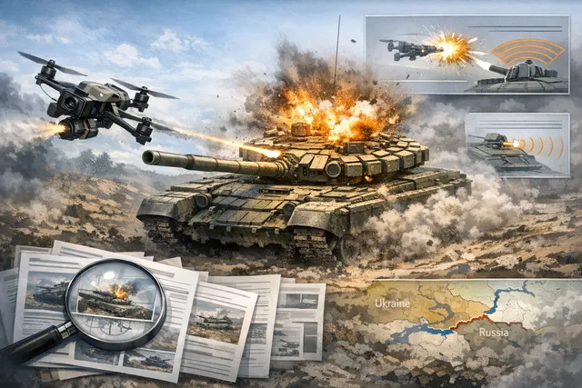 AI-generated editorial image of a Ukrainian FPV drone approaching a Russian T-72B3A tank with Arena-M active protection system