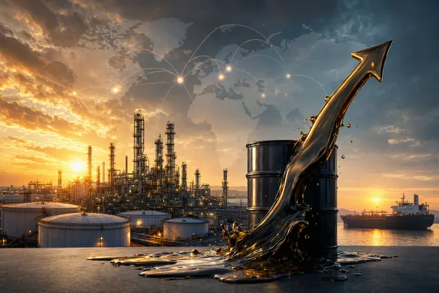 Editorial illustration representing an oil refinery and energy markets