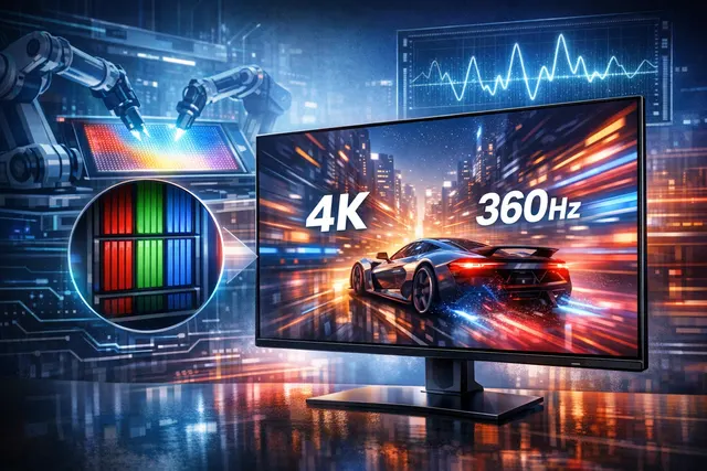 Samsung Display 5th-generation QD-OLED monitor panel with RGB-stripe subpixel structure and 4K 360Hz capability