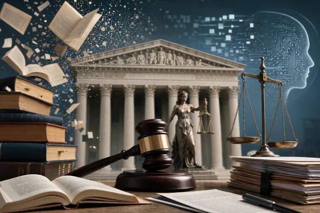 Editorial illustration representing the Anthropic AI copyright lawsuit involving books used to train language models
