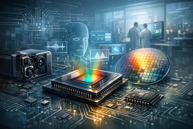 Conceptual illustration of an AI imaging chip evolving from a co-processor into a complete camera system-on-chip