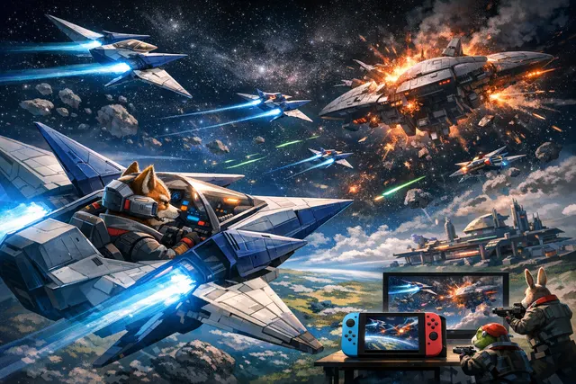 Cinematic hero image of Fox McCloud looking over his shoulder with the Arwing spacecraft soaring across a futuristic city skyline, promoting the Star Fox 2026 remake on Nintendo Sw
