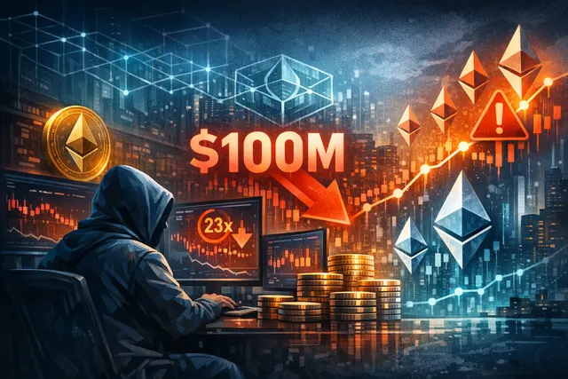 Digital illustration of an anonymous trader betting $100 million against Ethereum on Hyperliquid with extreme leverage, facing imminent liquidation.