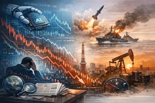 Chart showing Asian stock market indices with diverging performance arrows for Nikkei, Kospi, and Hang Seng against a backdrop of geopolitical tension imagery