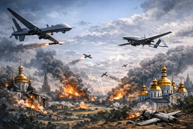 AI-generated illustration of drones and missile trails over a city during the Russia-Ukraine air war
