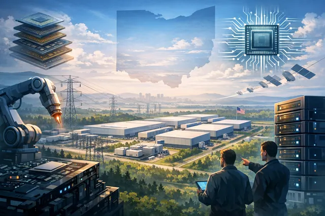 A stylized isometric illustration of a massive AI data center campus in a rural landscape, with glowing neon blue grids and towering chip stacks representing the scale of the $500
