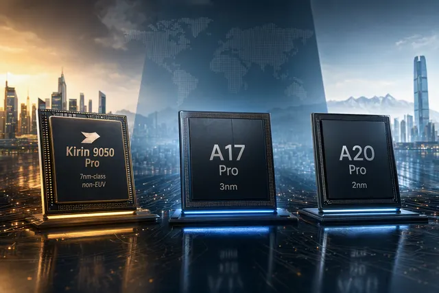 AI-generated editorial illustration accompanying a comparison of Huawei’s Kirin 9050 Pro and Apple’s A17 Pro and A20 Pro chips