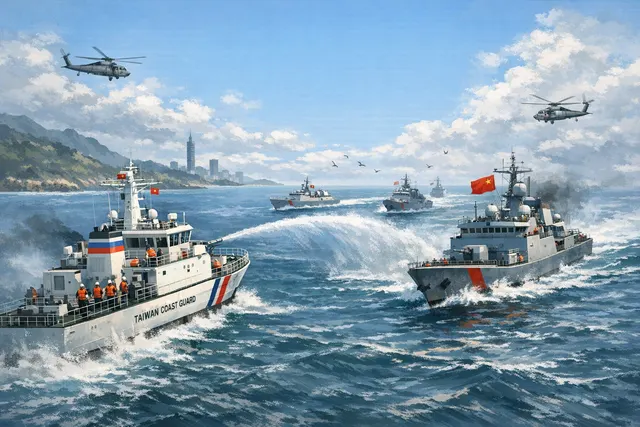 Taiwan and China coast guard vessels facing off in waters near the Pratas Islands during the June 2026 maritime standoff