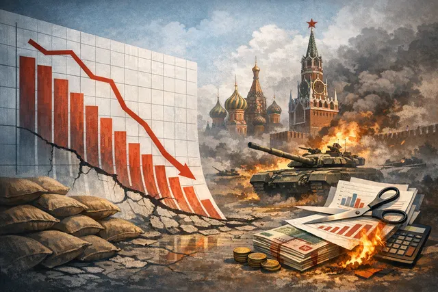 A Russian ruble banknote being burned as smoke rises over a graph showing a steep downward fiscal trend, symbolizing Russia's wartime budget crisis.