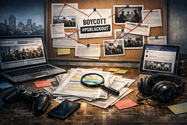 A conceptual image representing the #PSBlackout protest, with a PlayStation controller and game discs in a dim, dramatic setting.