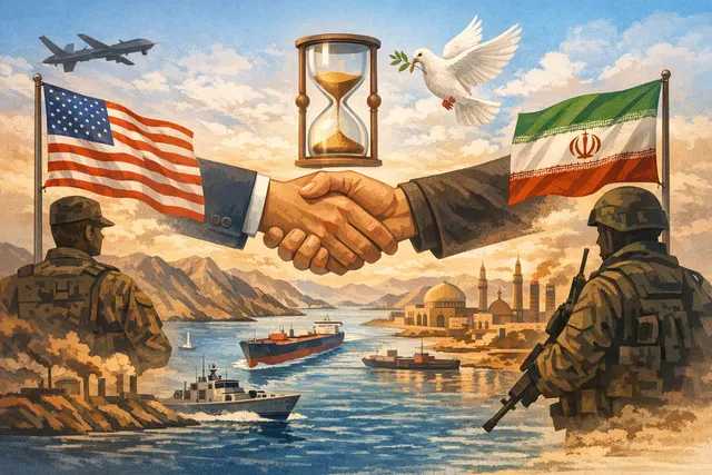 Map of the Strait of Hormuz with shipping routes and diplomatic iconography illustrating the stalled US-Iran ceasefire negotiations