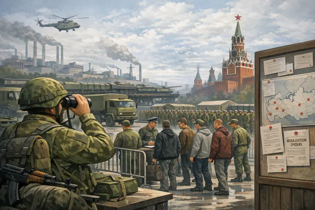 Editorial illustration of Russian military mobilization planning with recruits, training grounds and logistics infrastructure