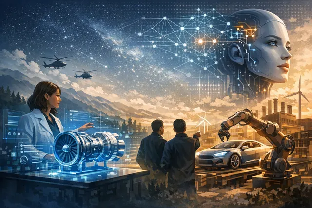 AI-generated editorial hero image representing AI-native physics simulation technology applied to industrial engineering
