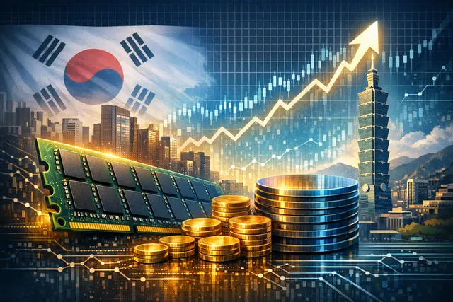 Semiconductor wafer and stock market data visualizations representing the AI-driven surge in Asian emerging market chip stocks
