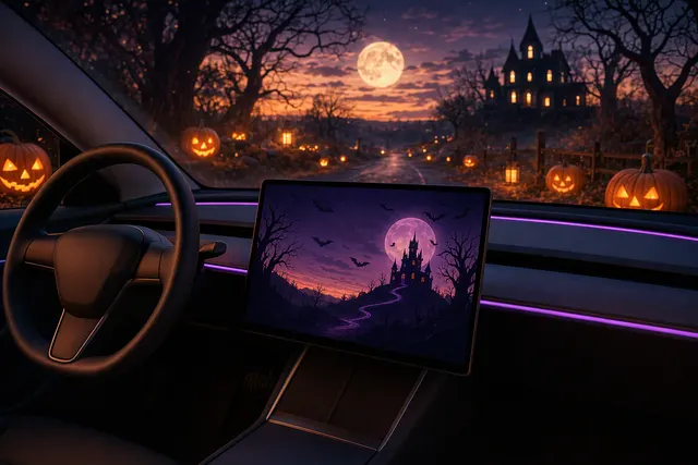 Illustration of a Tesla in Halloween Mode with ghost-themed visuals and eerie lighting