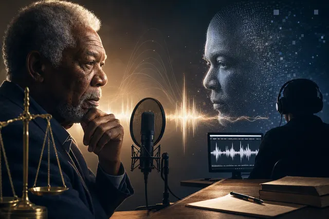 AI-generated editorial illustration accompanying a story about Morgan Freeman, voice cloning and blues music