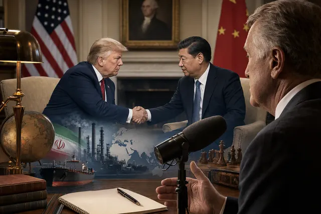 AI-generated editorial illustration accompanying coverage of Trump and Xi’s discussions about Iran