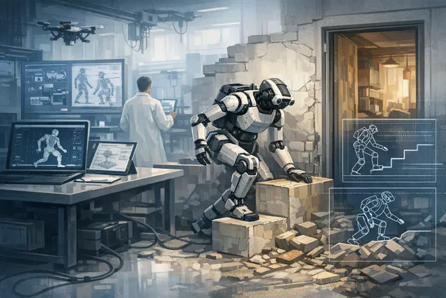 Wheel-legged embodied AI robot navigating uneven outdoor terrain beside a smooth indoor floor