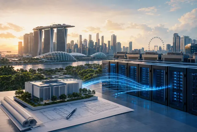 Editorial illustration of a data centre campus representing Singapore’s 200 MW DC-CFA2 allocation