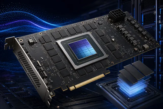 Concept illustration of Intel Crescent Island AI GPU with large LPDDR5X memory layout