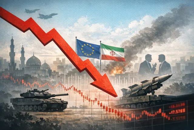Rheinmetall stock chart showing a sharp decline in June 2026 with overlaid icons of a tank, drone, and downward-trending line, illustrating the defense stock selloff and sector-wid