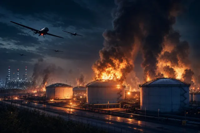 AI-generated illustration of a fuel depot at night with smoke rising in the distance