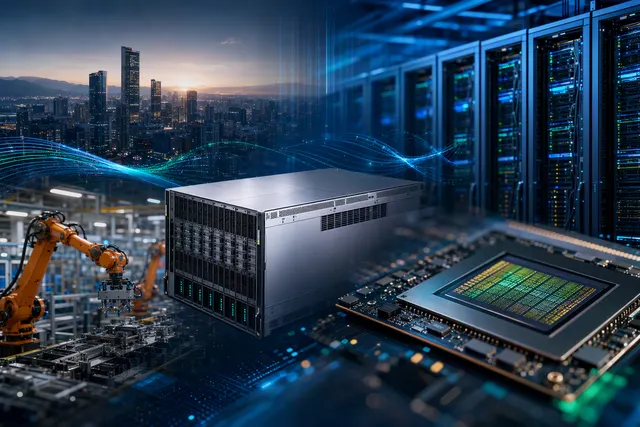 Editorial illustration of Foxconn’s AI-server manufacturing outlook