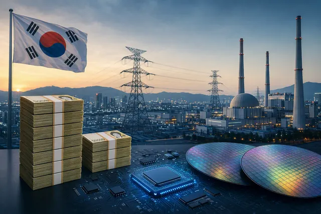 Illustration of South Korea’s semiconductor industry and electricity-grid infrastructure connected to a KEPCO advance-payment proposal