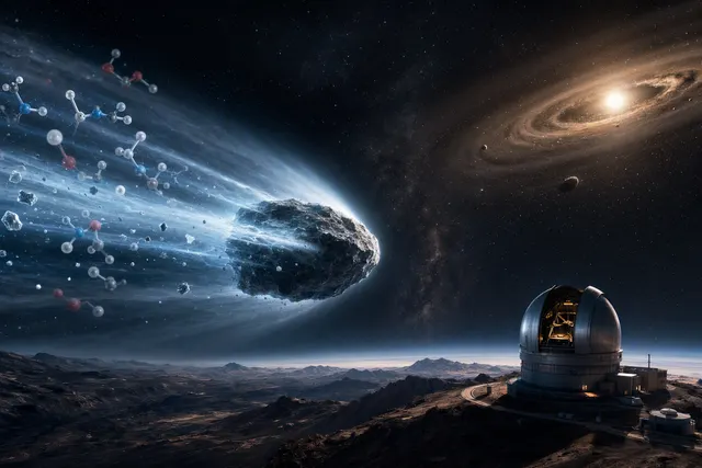 Editorial illustration of interstellar comet 3I/ATLAS traveling through space