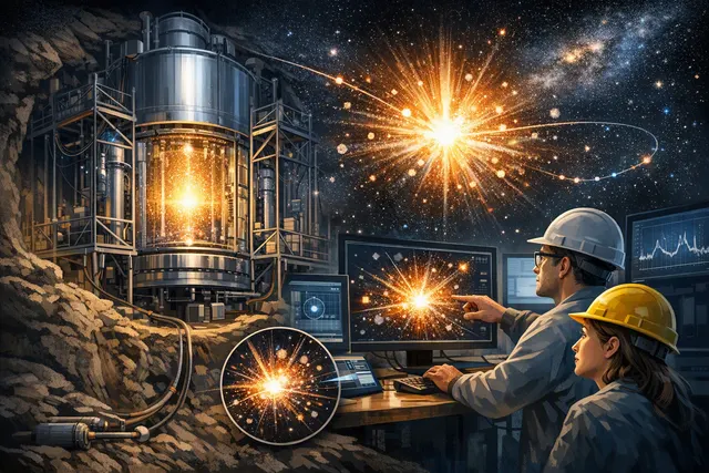Conceptual illustration of the LUX-ZEPLIN dark-matter detector searching for a rare particle interaction in liquid xenon