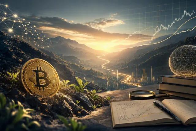 Editorial illustration of Bitcoin market-bottom analysis and liquidity signals