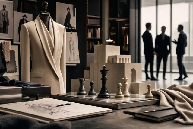 Editorial illustration representing Giorgio Armani’s planned minority stake sale and succession transition