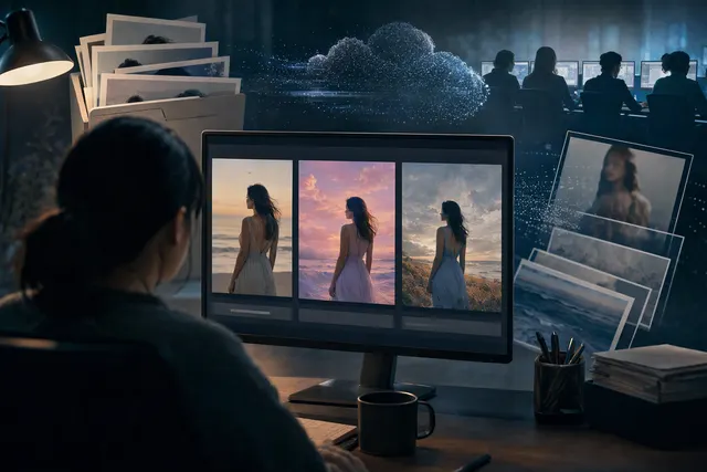 Illustrative image representing a person’s photo and prompt being reviewed alongside AI-generated image edits