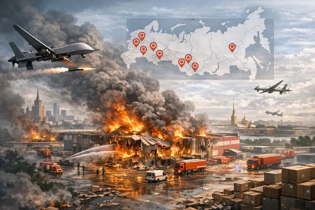 Satellite-style view of a massive Wildberries warehouse complex engulfed in flames and smoke during a drone strike