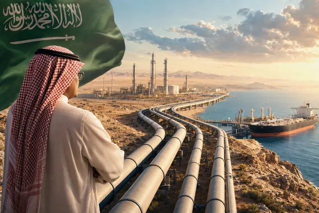 Illustrative image of oil pipeline infrastructure in a desert landscape