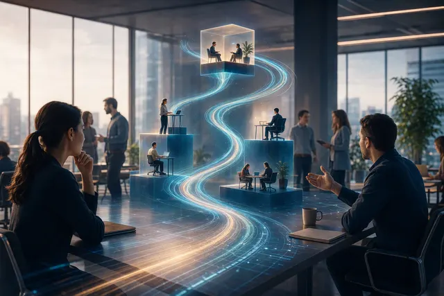 Editorial illustration of AI agents supporting a redesigned enterprise workflow