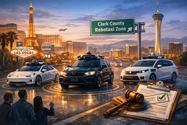 Autonomous robotaxis moving through the Las Vegas Strip at night