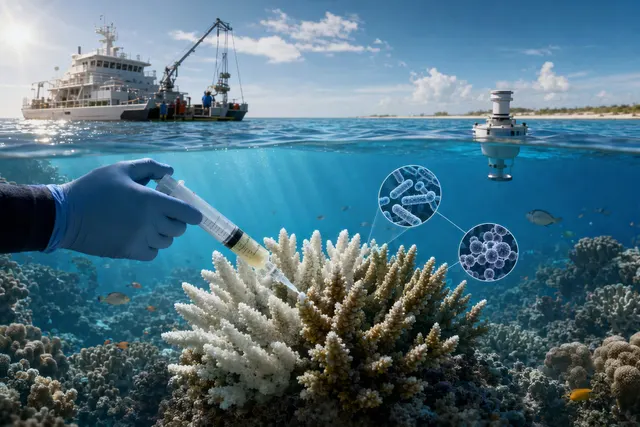 Editorial illustration of scientists treating a coral reef during a marine heatwave